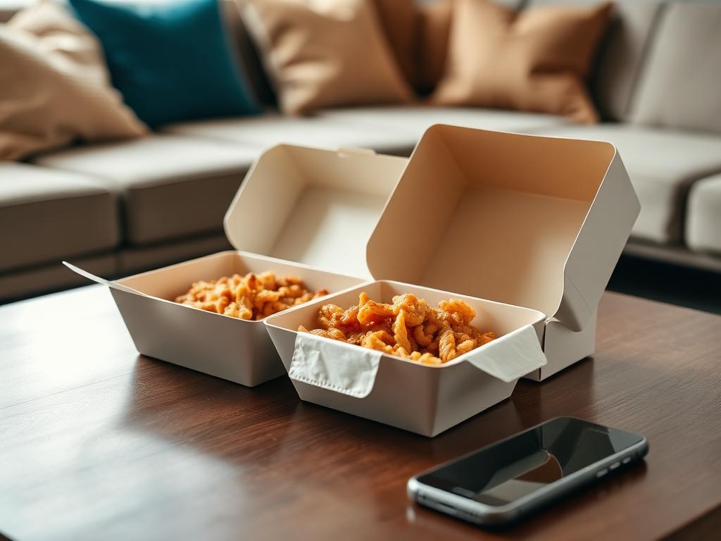 Open takeout containers on a coffee table beside a phone