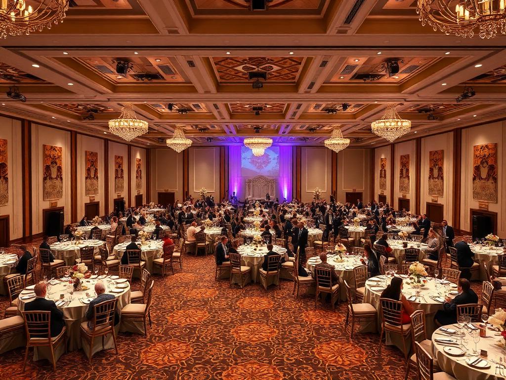 A large wedding reception with many round tables of guests in a banquet hall