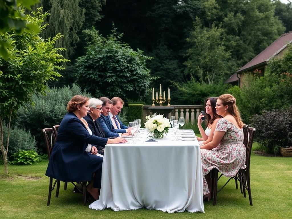 A small wedding party of a few guests at one long table in a garden