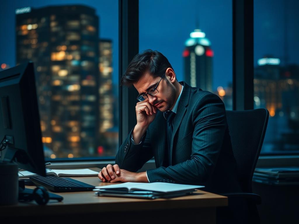 A tired worker alone at an office desk late at night