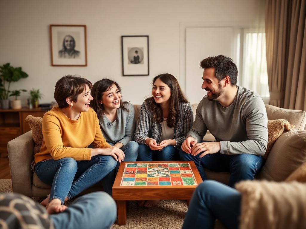A relaxed family playing a board game together in the living room