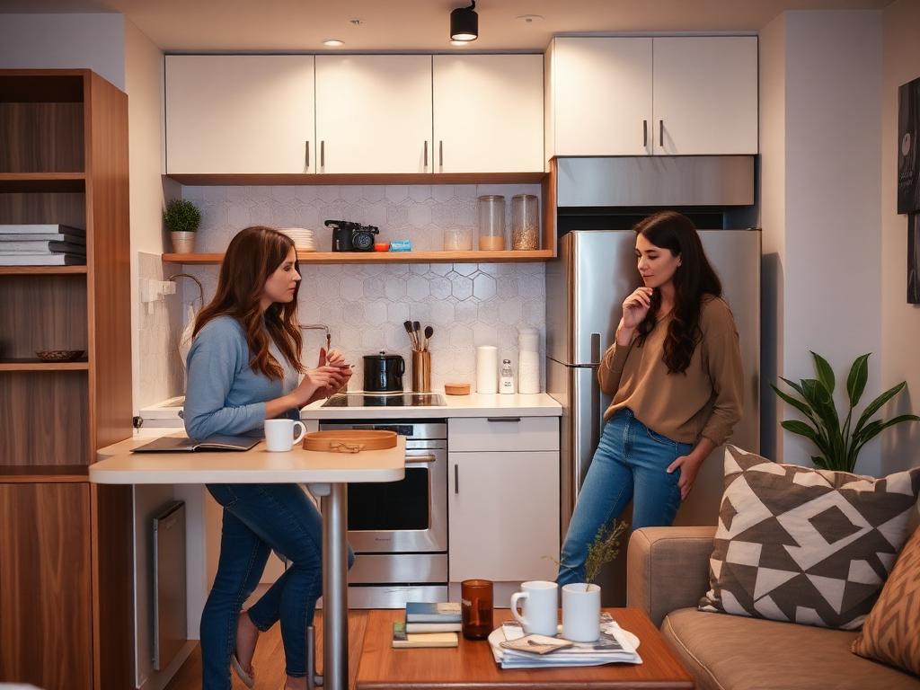 Roommates sharing a small apartment kitchen and living space
