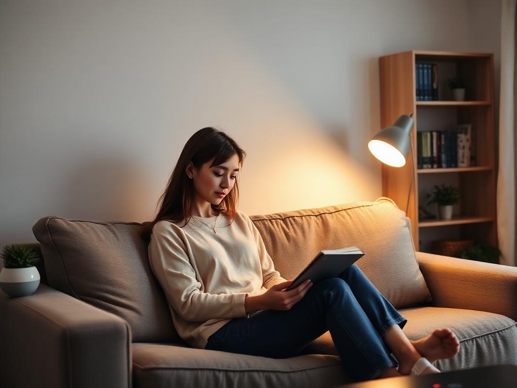 One person reading alone in a tidy, quiet studio apartment