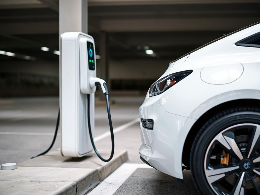 A white electric car plugged into a charging station in a parking garage