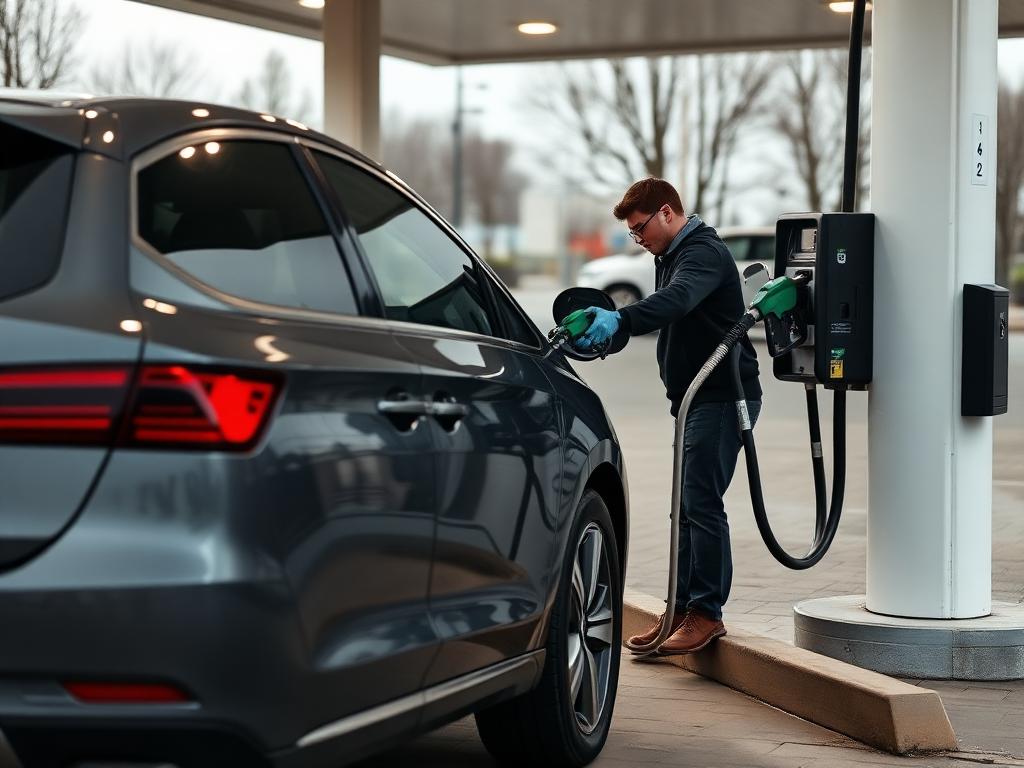 A driver refuelling a grey car at a fuel pump