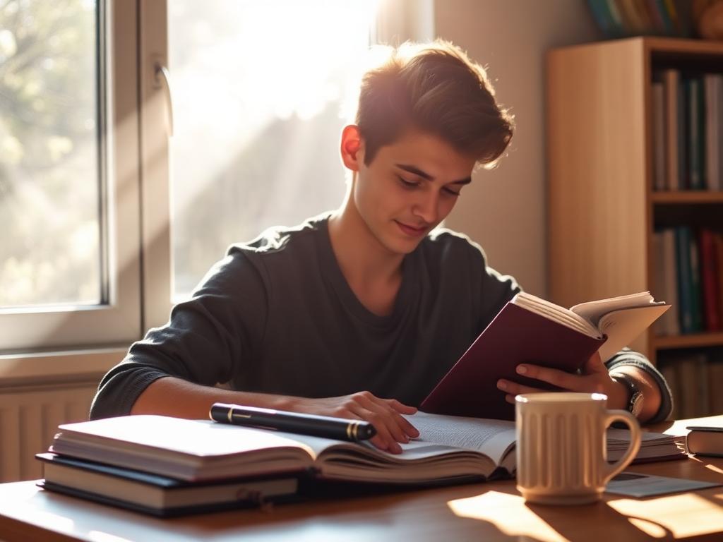 A student reading at a desk in bright early-morning sunlight