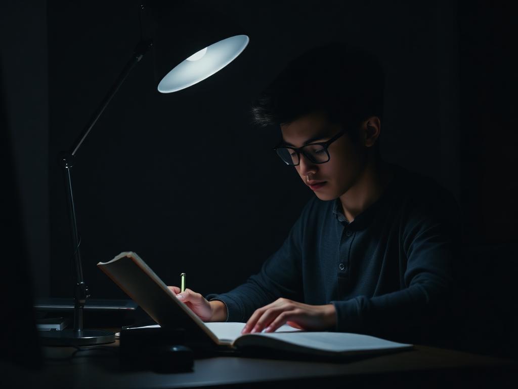 A student working under a desk lamp in a dark room at night