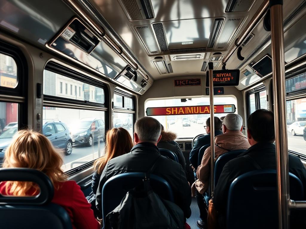Seated passengers inside a city bus during the daytime commute