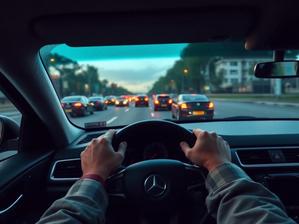 A driver's hands on the wheel in slow rush-hour traffic
