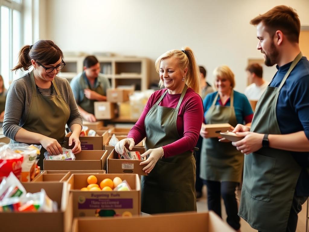 Volunteers in aprons sorting donated food boxes at a community centre
