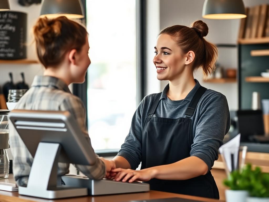 A young worker serving a customer at a café counter
