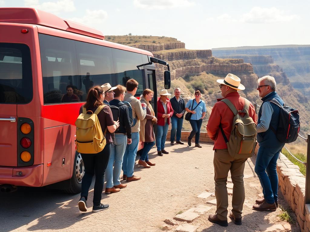 A guided tour group standing beside a tour bus at a scenic viewpoint