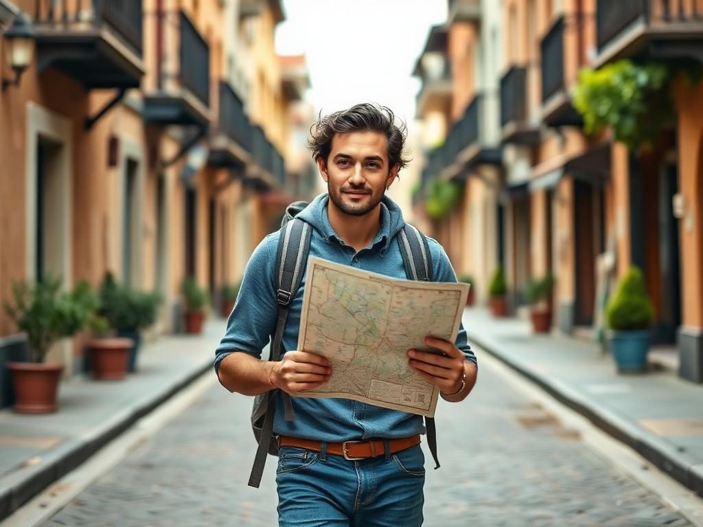 A backpacker with a paper map exploring a quiet old-town street alone