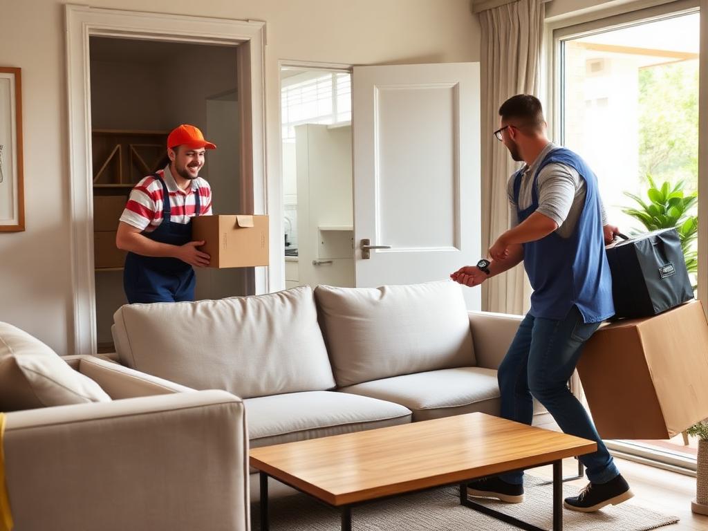 Delivery workers carrying rented sofa and boxes into an apartment