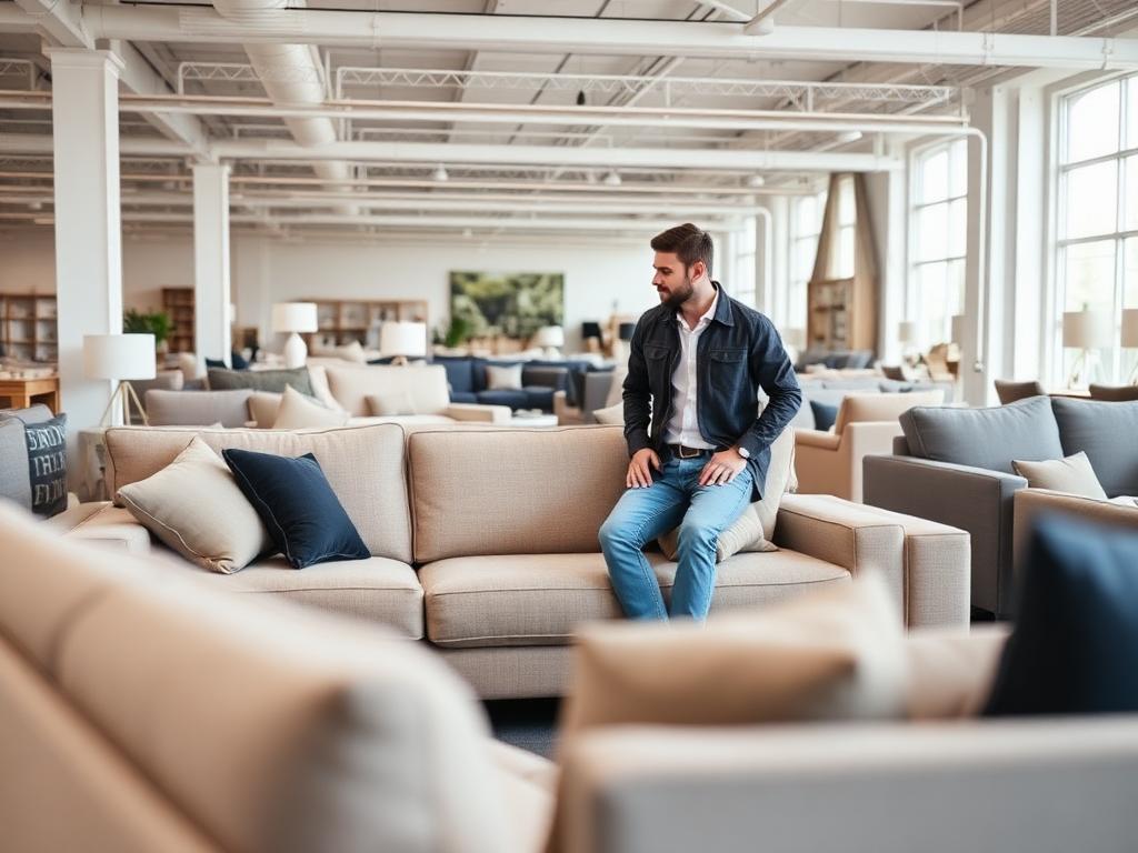 A shopper trying out a new sofa in a large furniture showroom