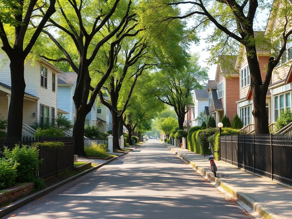 A calm, leafy residential street with houses and a child's bike on the sidewalk