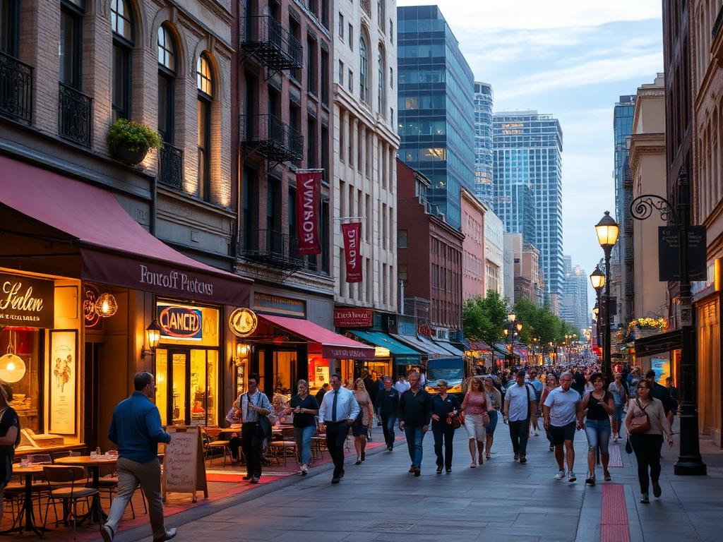 A busy downtown street in the evening with crowds, shops and patios