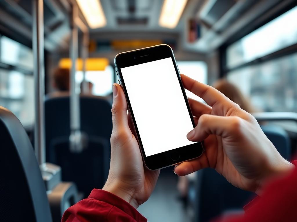 Hands holding a smartphone while practising on a bus