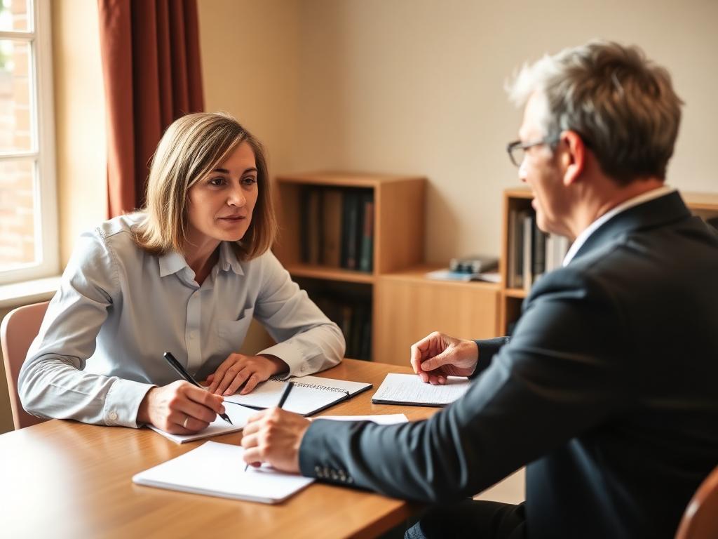 A tutor and one adult student going over written work across a table