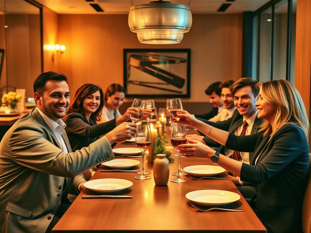 Colleagues toasting at a long table in a warm restaurant