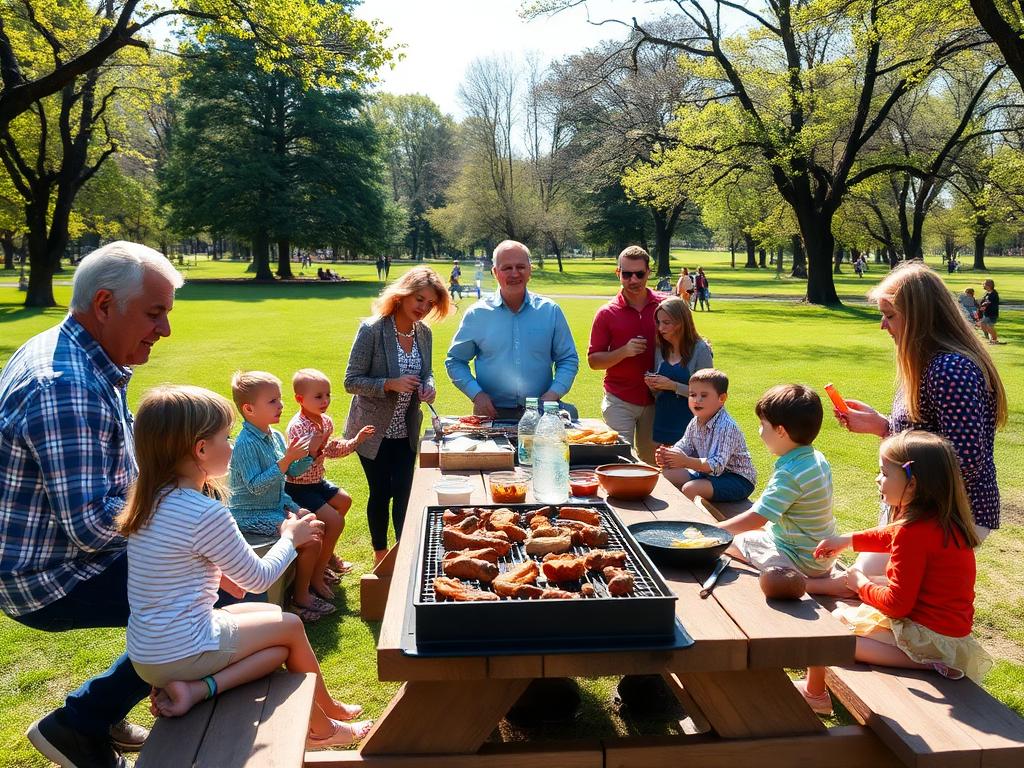 A company picnic in a park with picnic tables, families and a barbecue