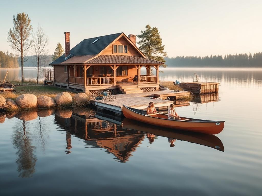 A lakeside cottage with a dock and canoe on calm water