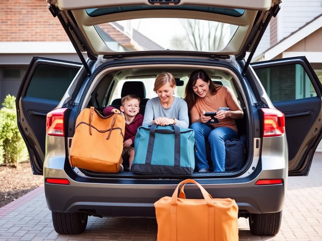 A family loading small weekend bags into a car in the driveway