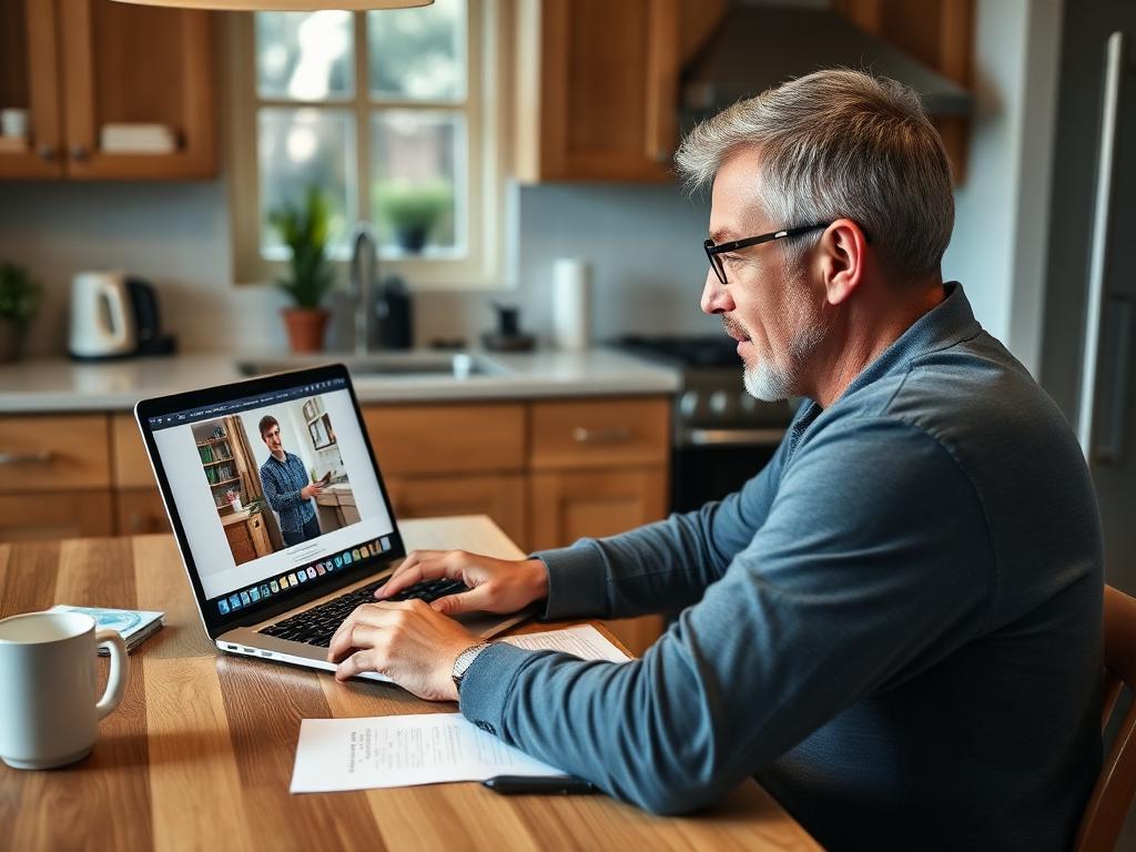 An adult following a video lesson on a laptop at the kitchen table