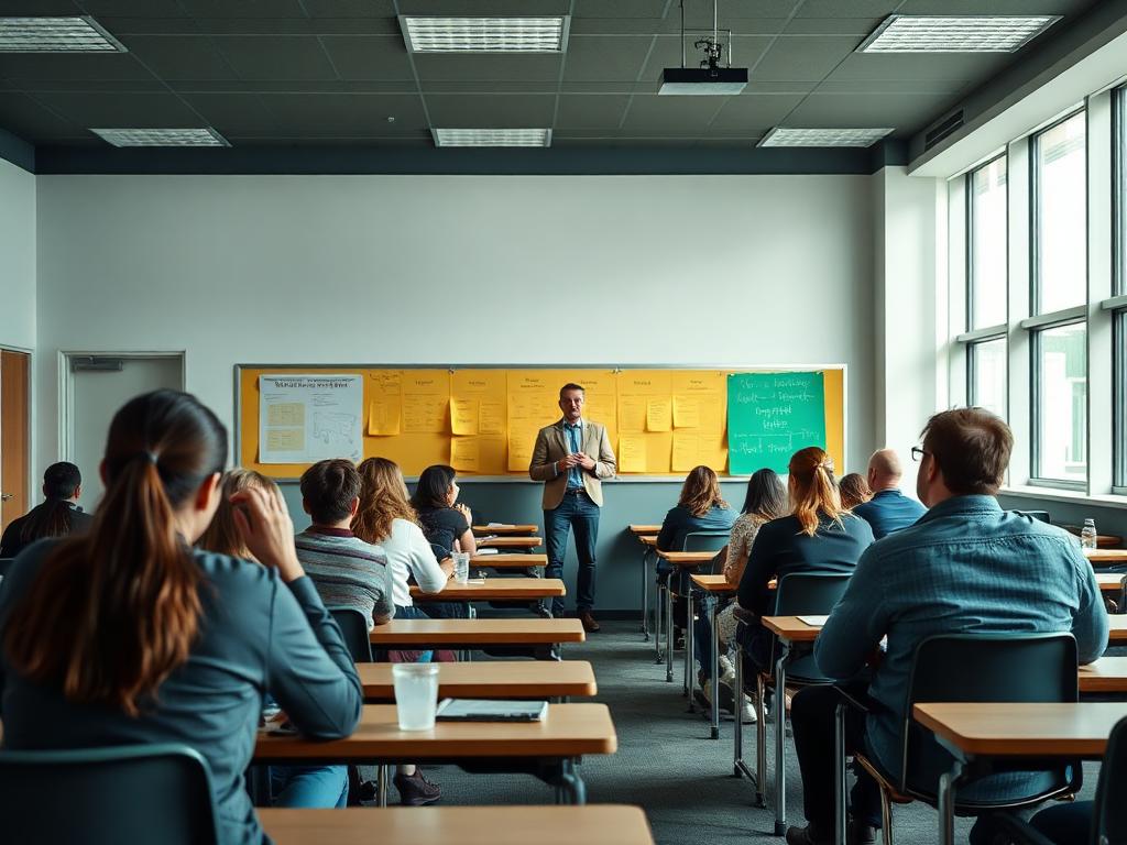 Adult learners at desks with an instructor teaching in a college classroom