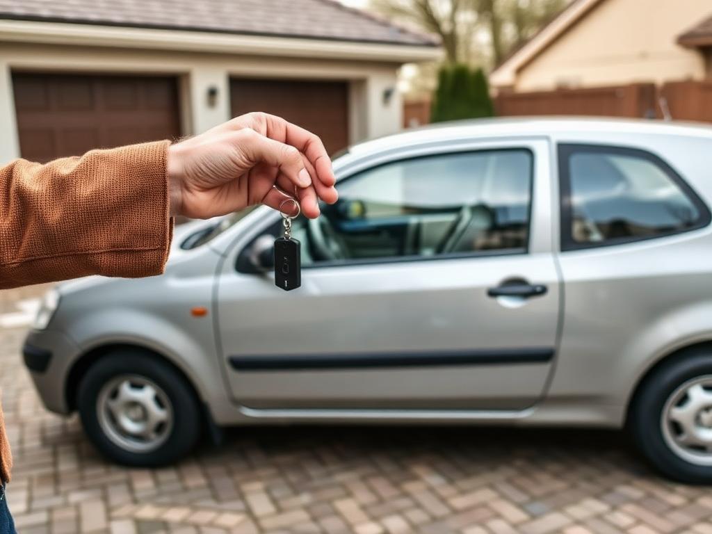 A hand holding car keys in front of a modest used hatchback in a driveway