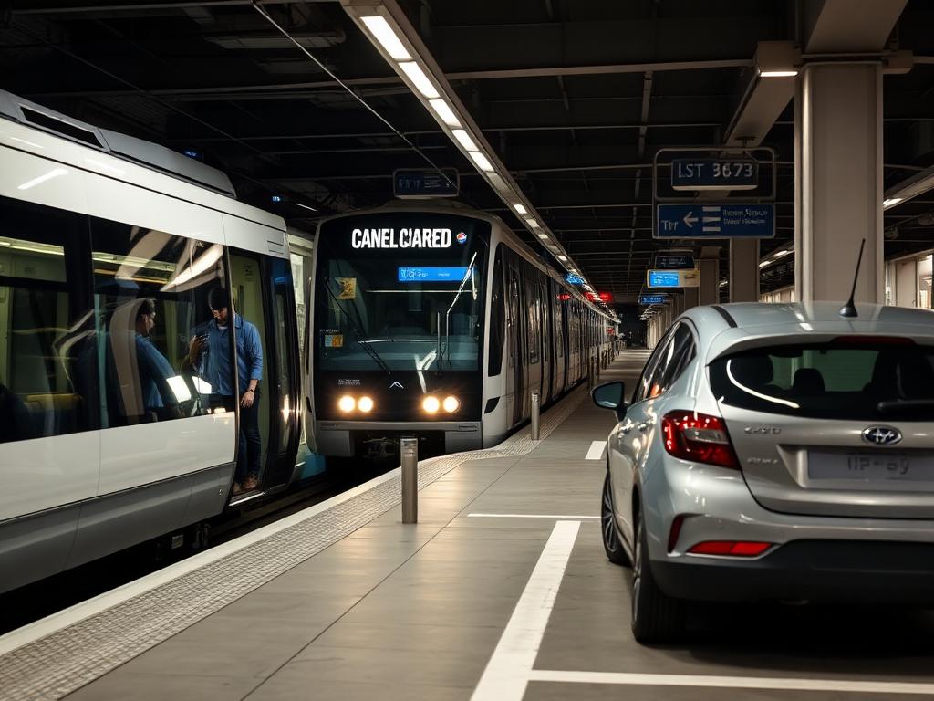 A commuter boarding a light-rail train with a shared car parked nearby