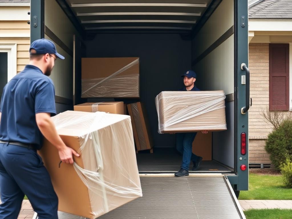 Uniformed movers carrying wrapped furniture into a moving truck