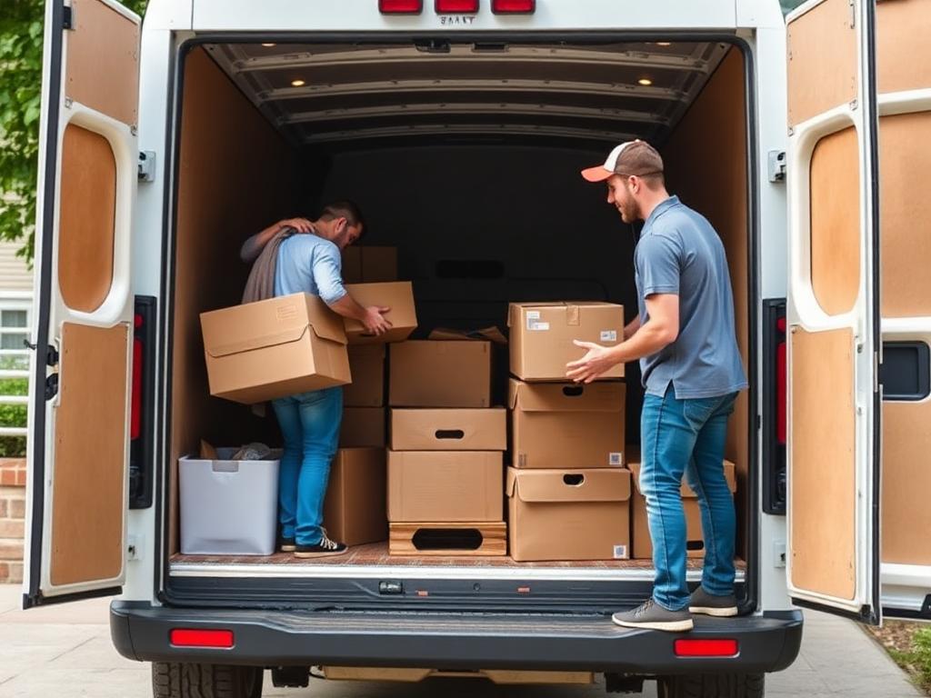 Friends in casual clothes loading boxes into a small rented van themselves