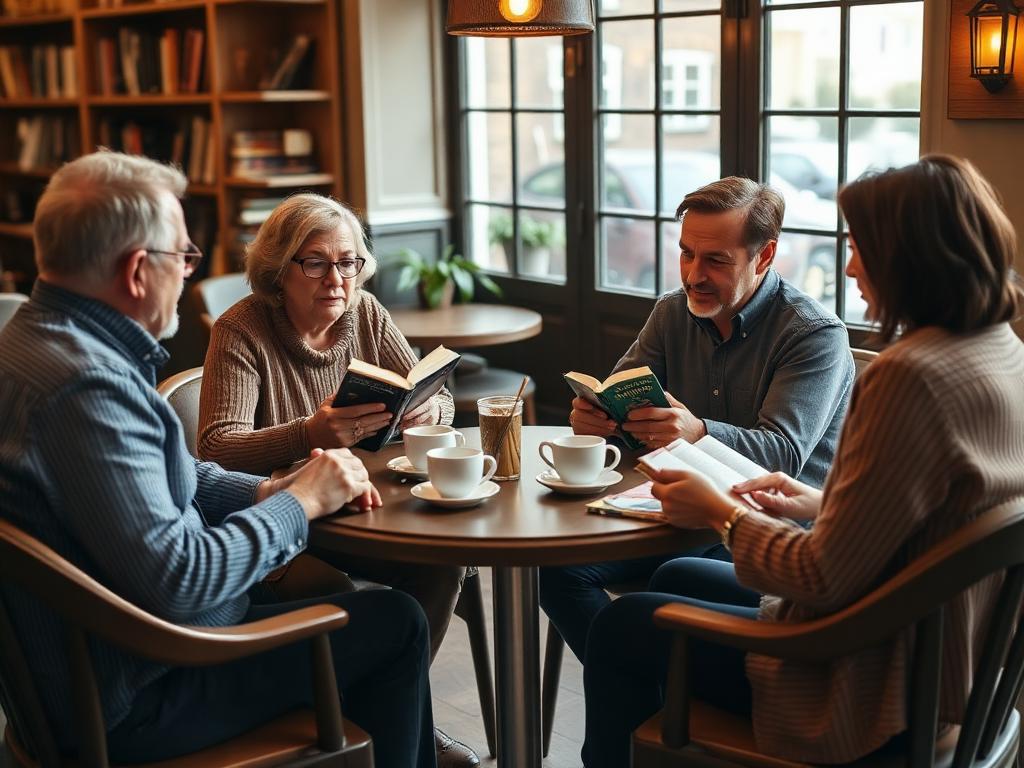 A small book club discussing books around a café table with coffee