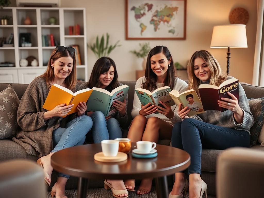 Friends reading and chatting with books on a living-room sofa at home