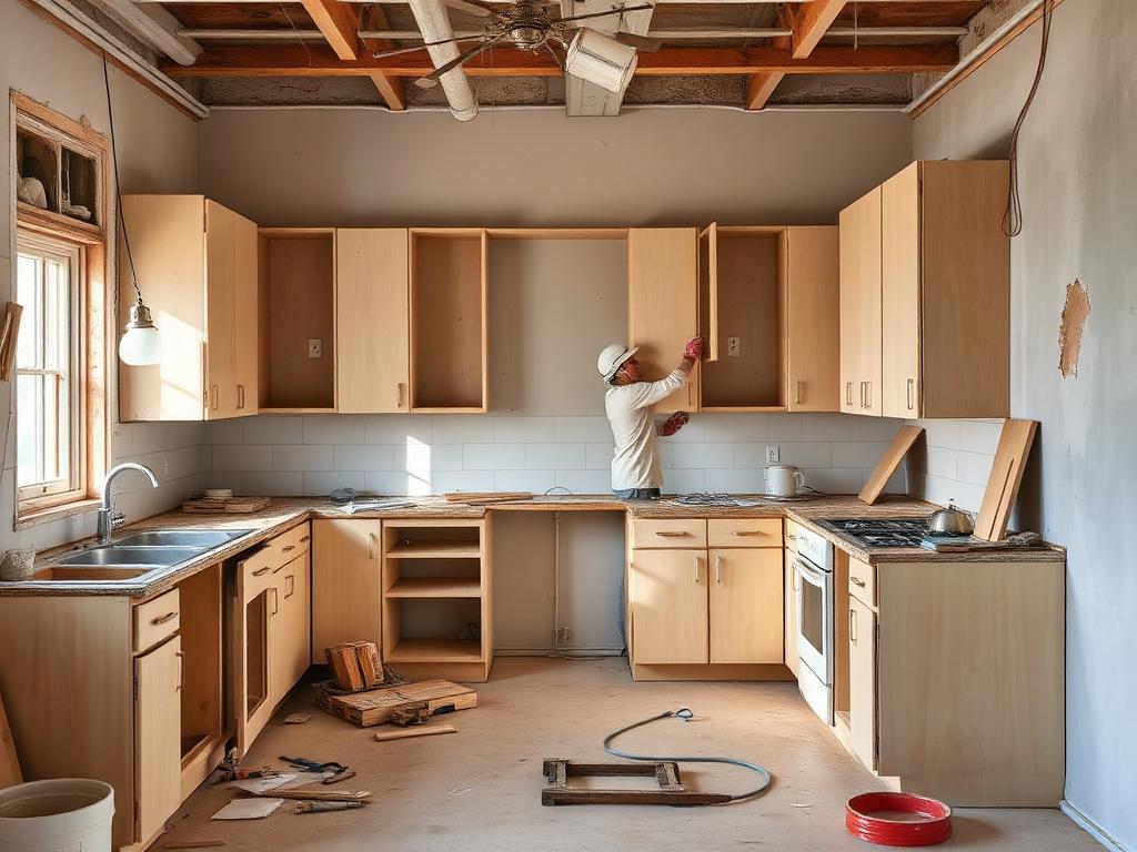 A kitchen stripped for renovation with bare walls, tools and a contractor