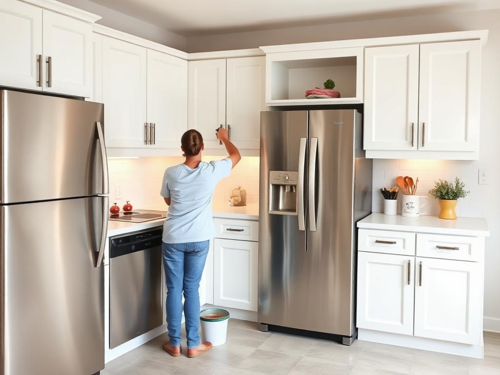 A person painting kitchen cabinets white beside a new stainless fridge