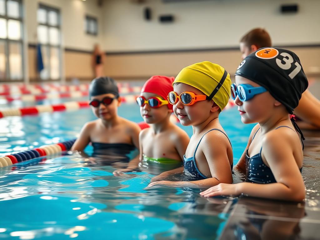 Children in swim caps and goggles at the edge of an indoor pool