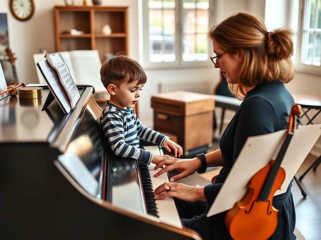 A child learning piano with a teacher in a bright music room