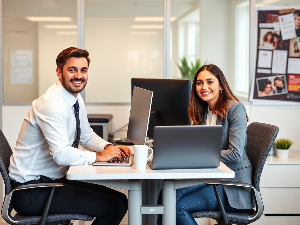 Two junior employees working and being trained at a shared desk