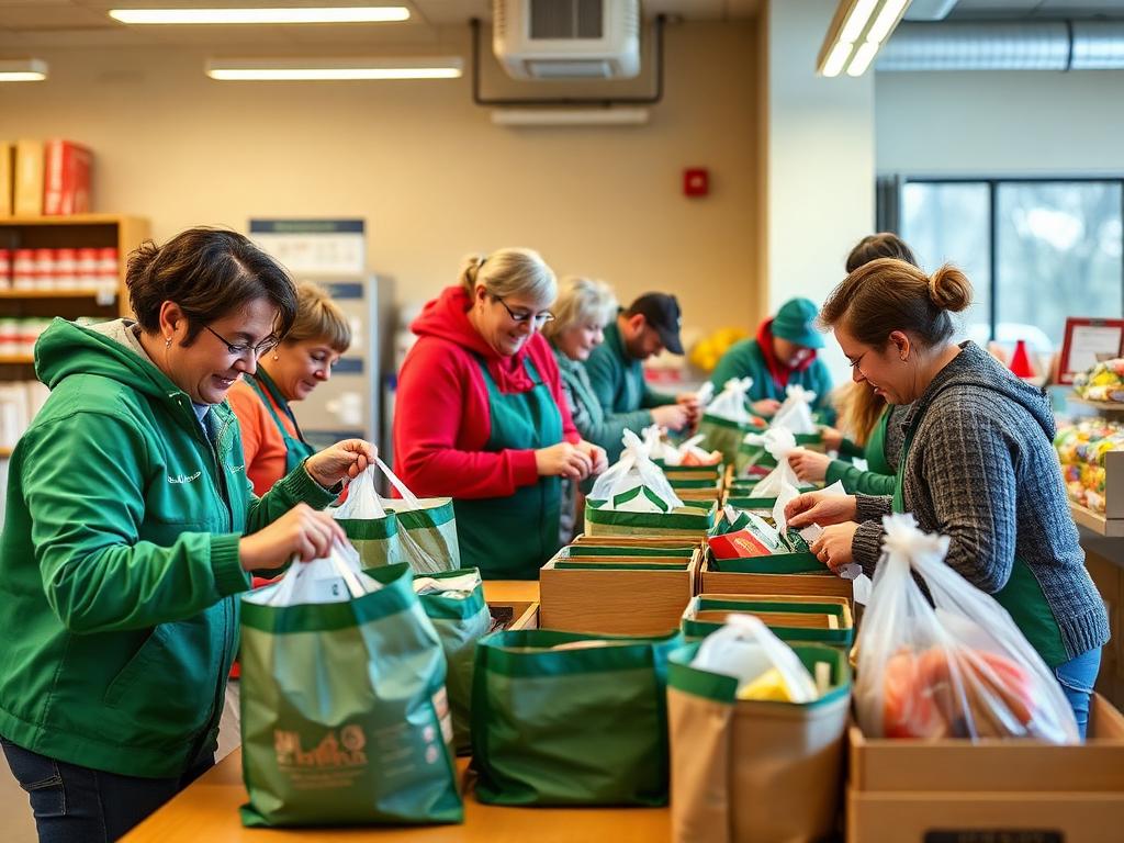 Volunteers packing grocery bags at a food-bank counter