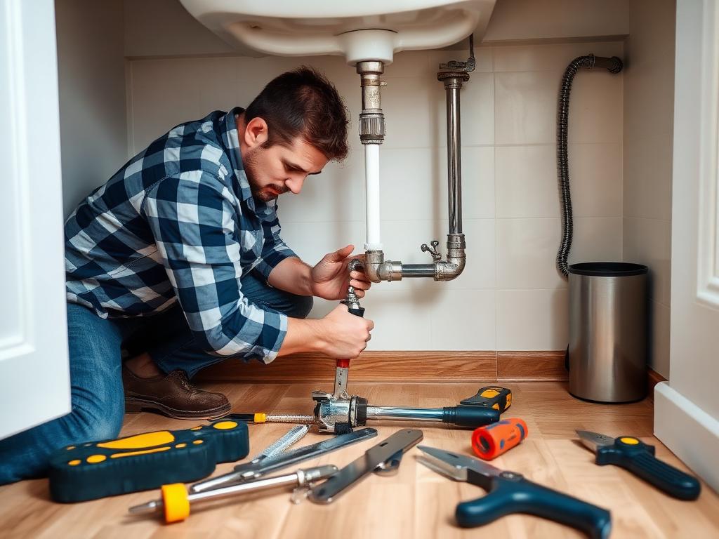 A homeowner fixing a pipe under a sink with tools on the floor