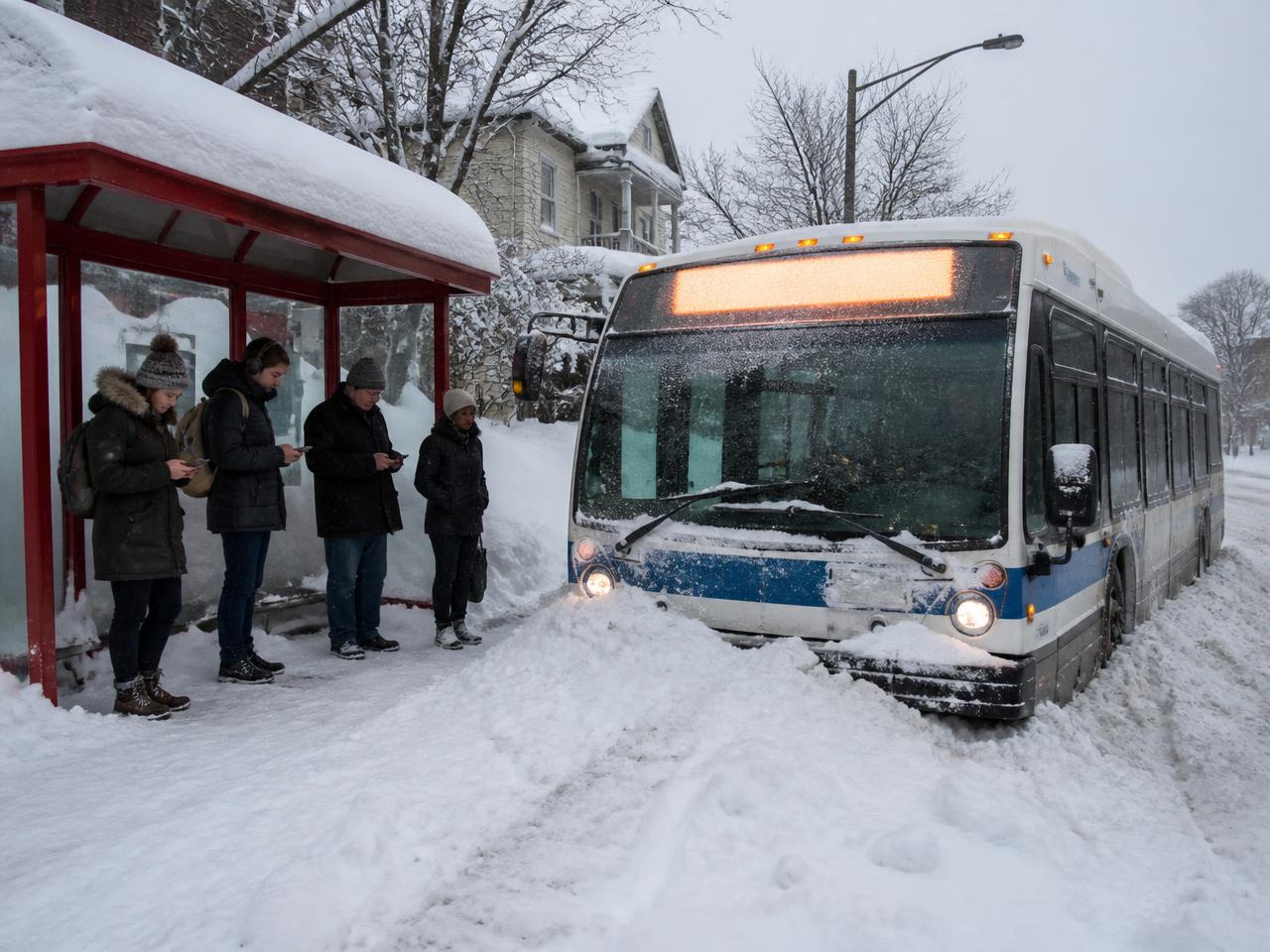 CELPIP Speaking Task 8 scene: a snowy winter bus stop
