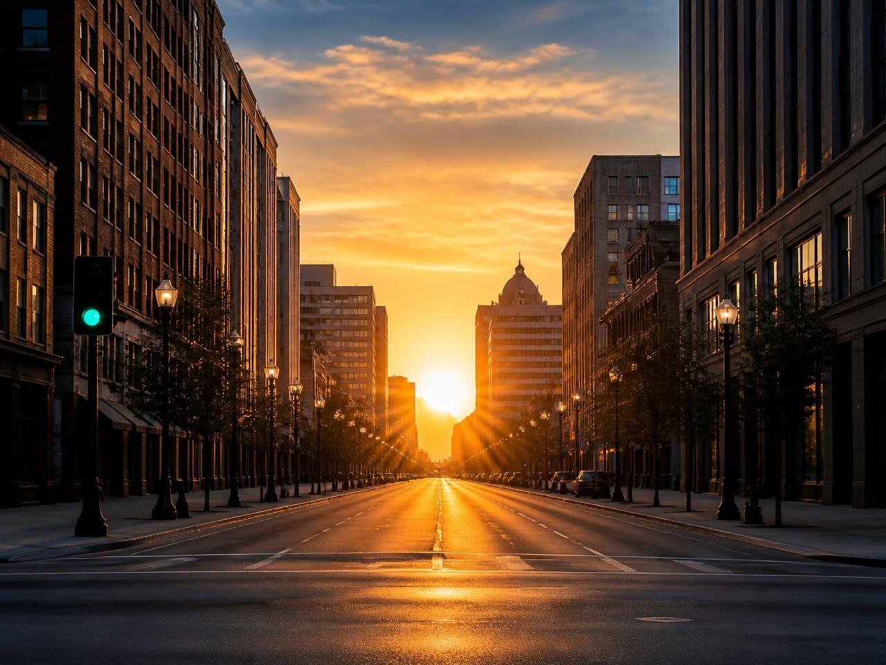 CELPIP Speaking Task 8 scene: a downtown street at sunrise